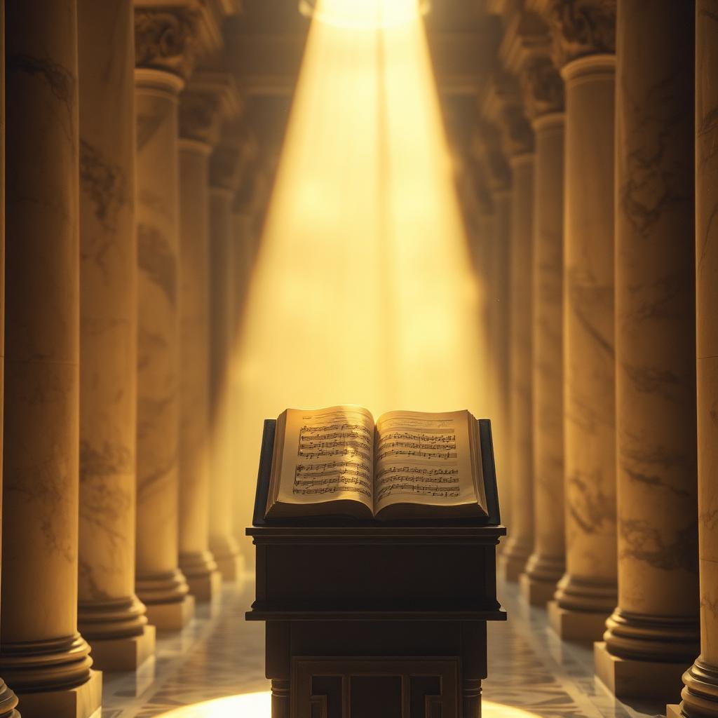 Um feixe de luz dourada iluminando uma antiga partitura musical em um corredor de arquitetura clássica romana, transmitindo paz e mistério.